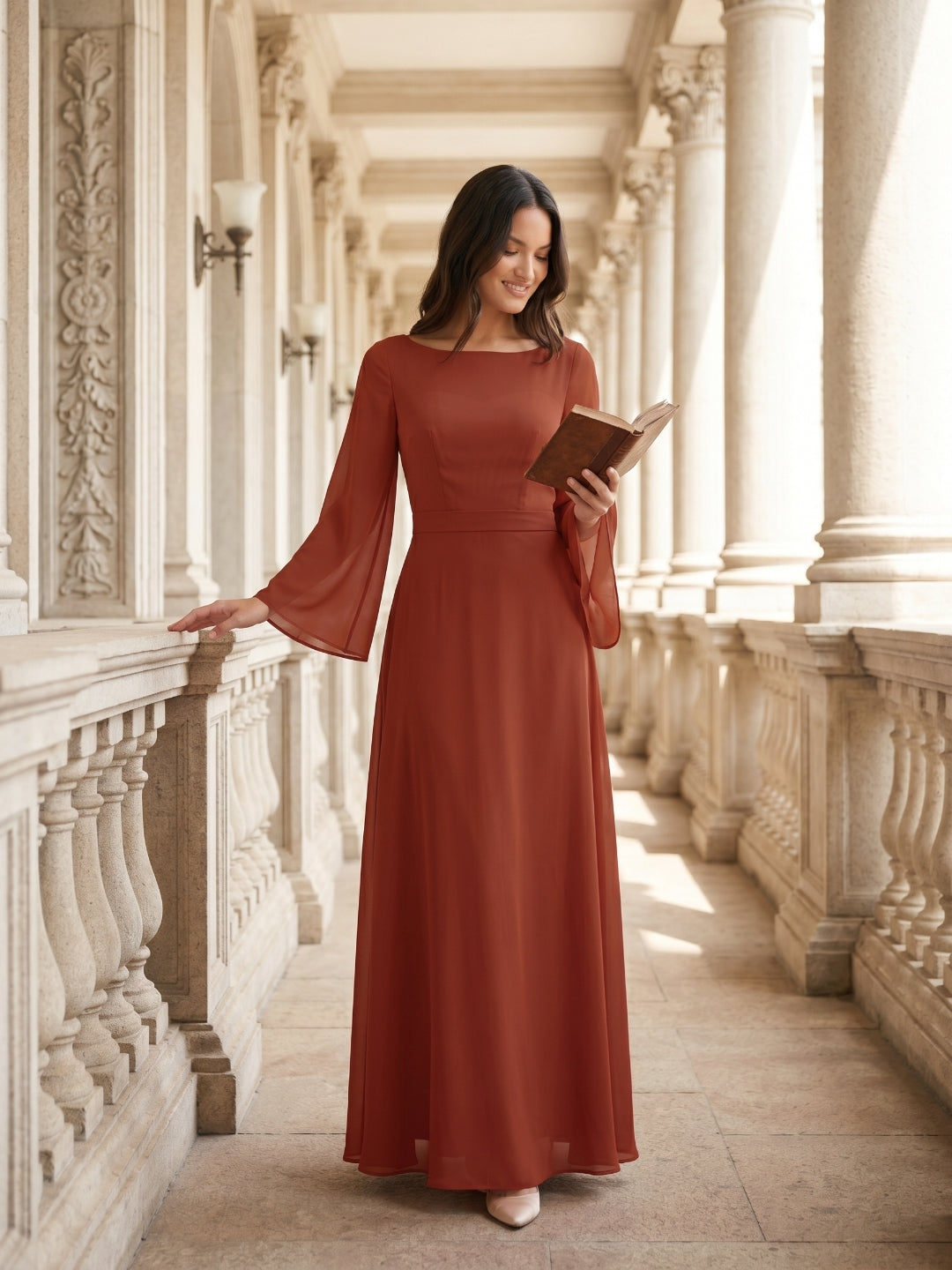 Rust Chiffon A-Line Scoop Neck Backless Floor-Length Bridesmaid Dress with Ruffle
