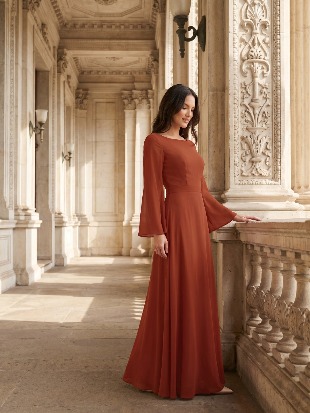 Rust Chiffon A-Line Scoop Neck Backless Floor-Length Bridesmaid Dress with Ruffle