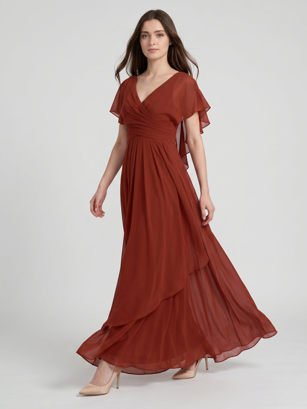 Rust Chiffon A-Line V-Neck Backless Floor-Length Bridesmaid Dress with Ruffle