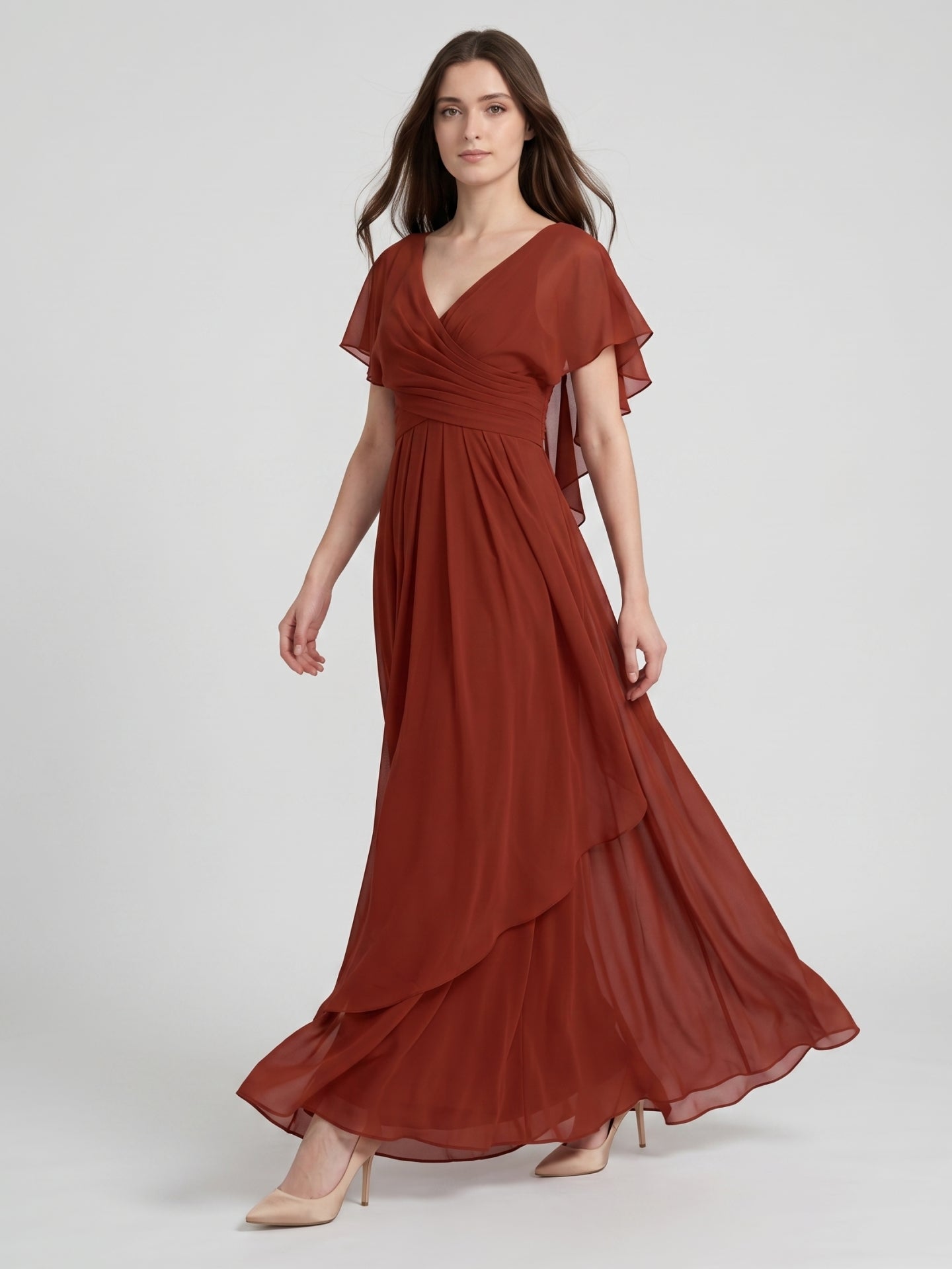 Rust Chiffon A-Line V-Neck Backless Floor-Length Bridesmaid Dress with Ruffle