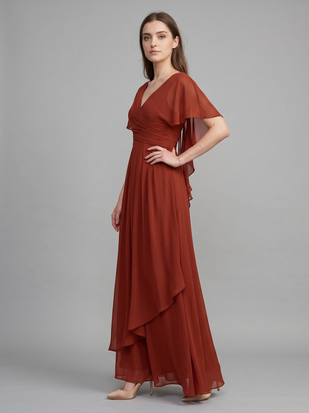 Rust Chiffon A-Line V-Neck Backless Floor-Length Bridesmaid Dress with Ruffle