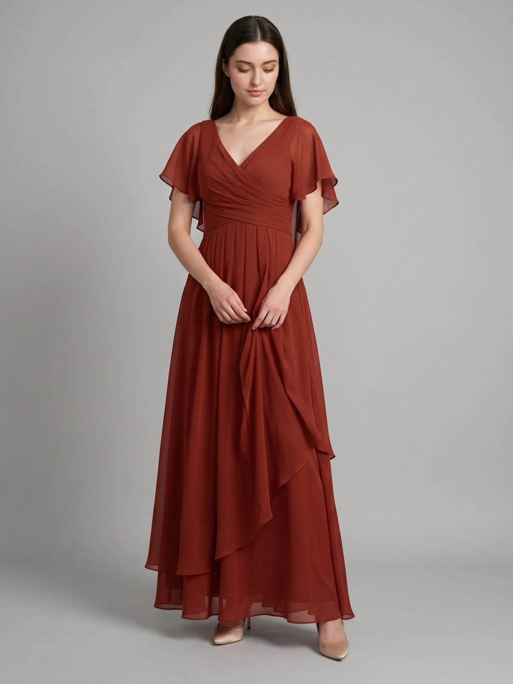 Rust Chiffon A-Line V-Neck Backless Floor-Length Bridesmaid Dress with Ruffle