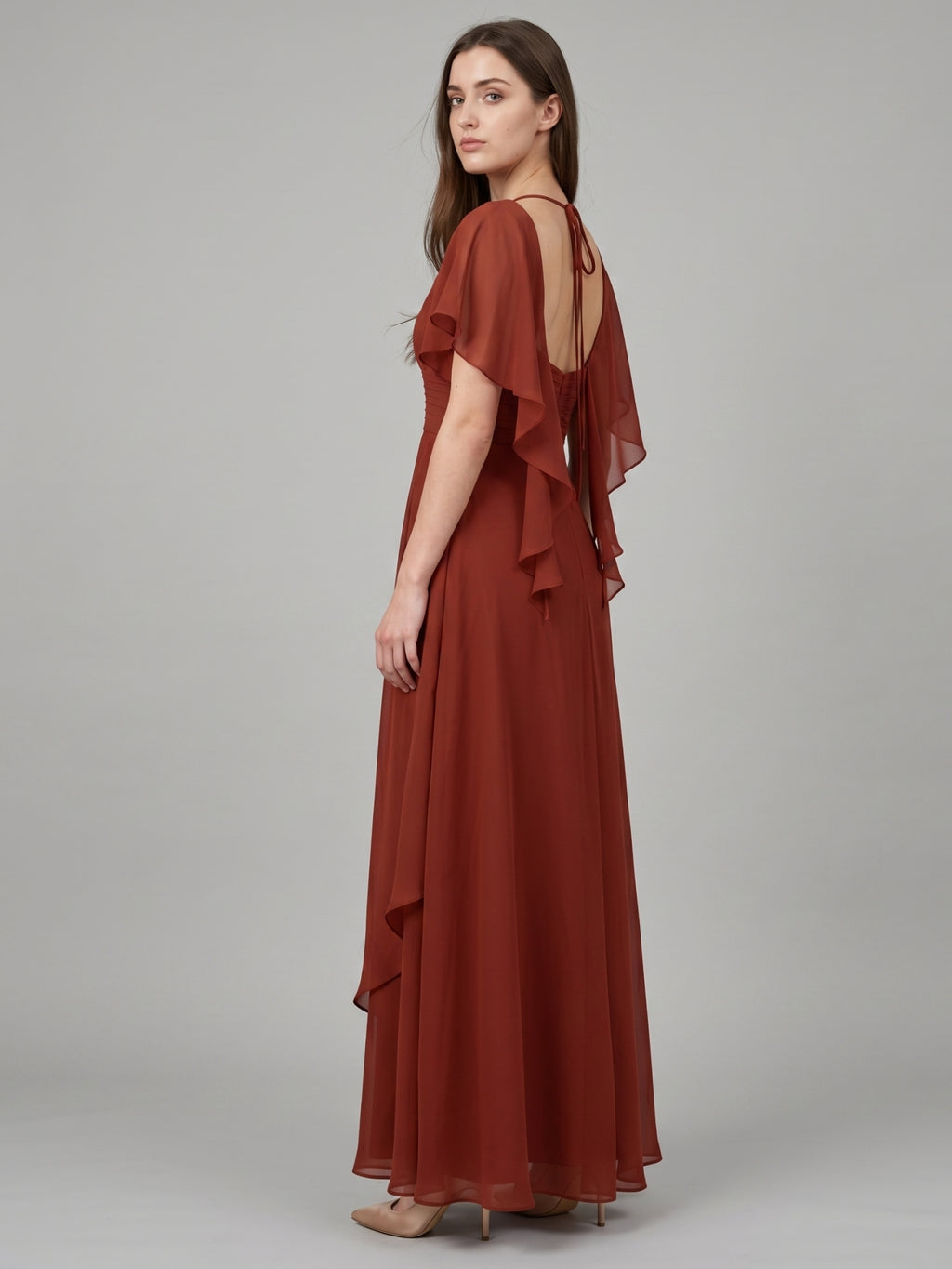 Rust Chiffon A-Line V-Neck Backless Floor-Length Bridesmaid Dress with Ruffle