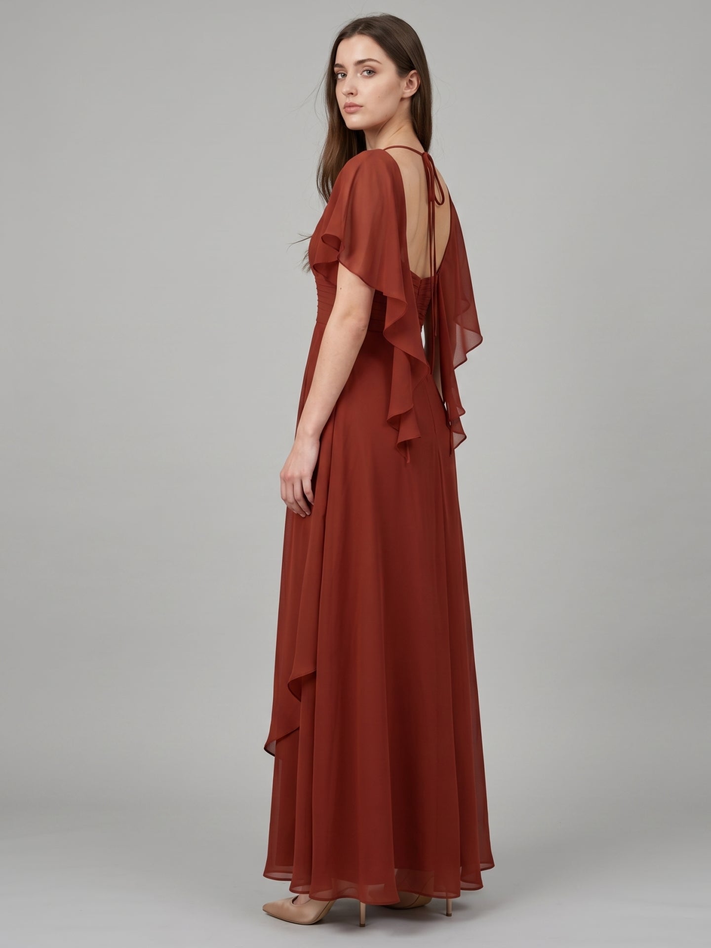 Rust Chiffon A-Line V-Neck Backless Floor-Length Bridesmaid Dress with Ruffle