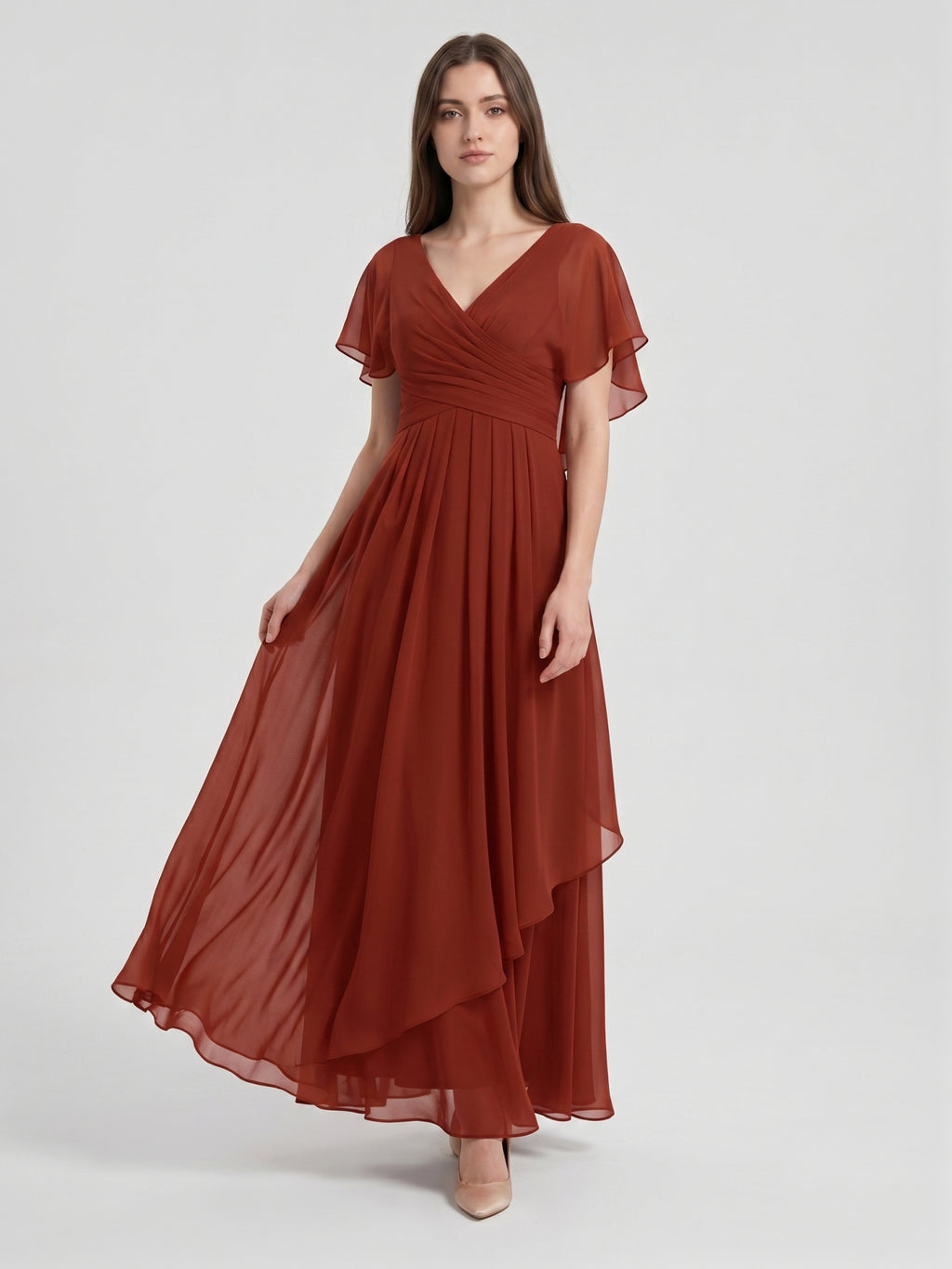 Rust Chiffon A-Line V-Neck Backless Floor-Length Bridesmaid Dress with Ruffle