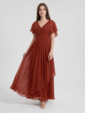 Rust Chiffon A-Line V-Neck Backless Floor-Length Bridesmaid Dress with Ruffle