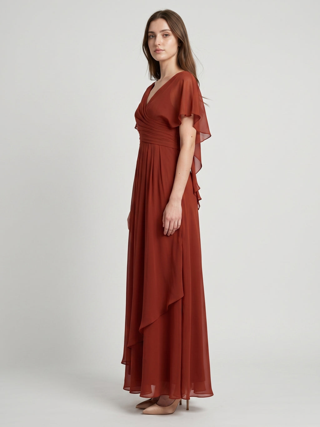 Rust Chiffon A-Line V-Neck Backless Floor-Length Bridesmaid Dress with Ruffle
