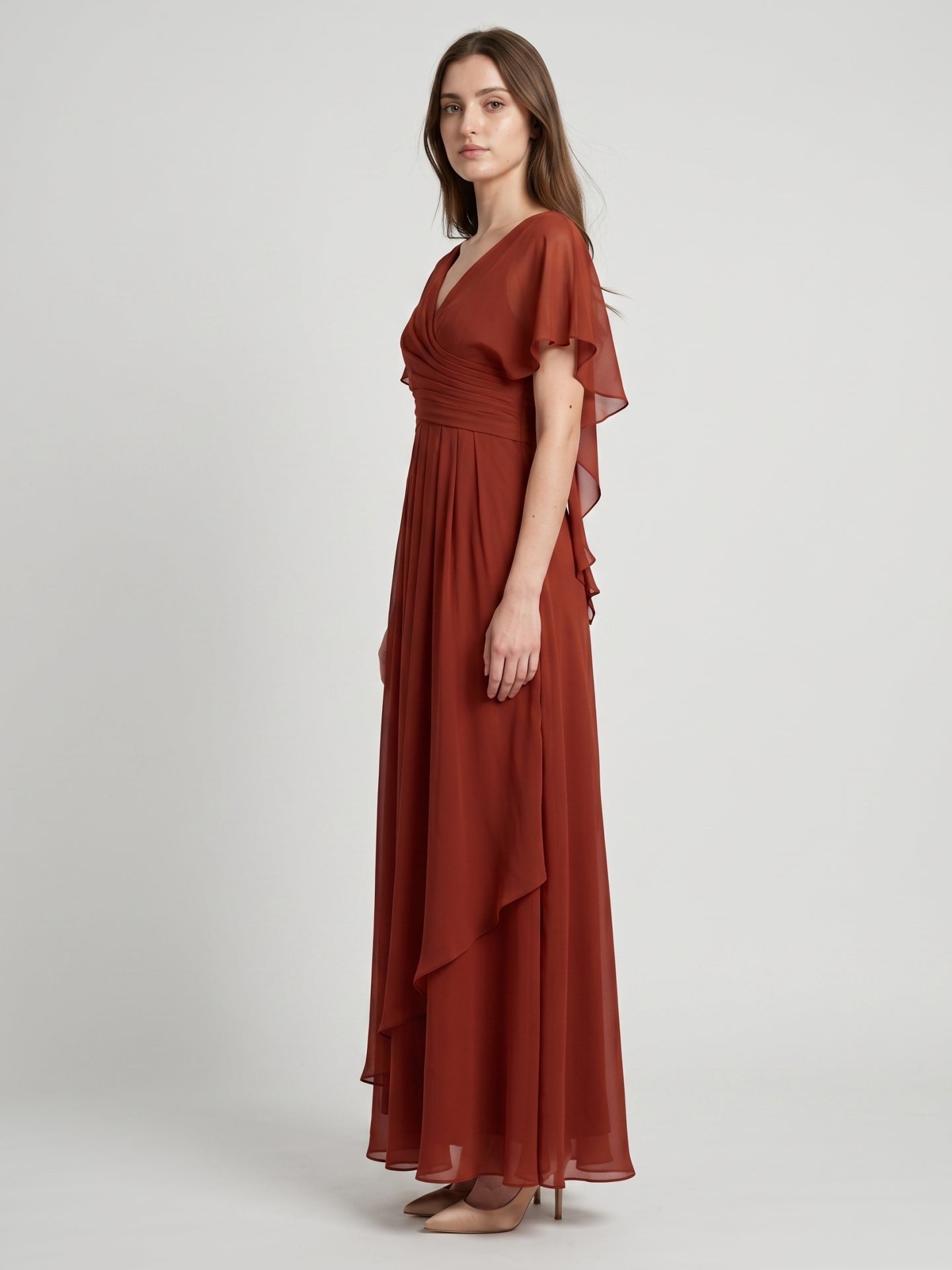 Rust Chiffon A-Line V-Neck Backless Floor-Length Bridesmaid Dress with Ruffle