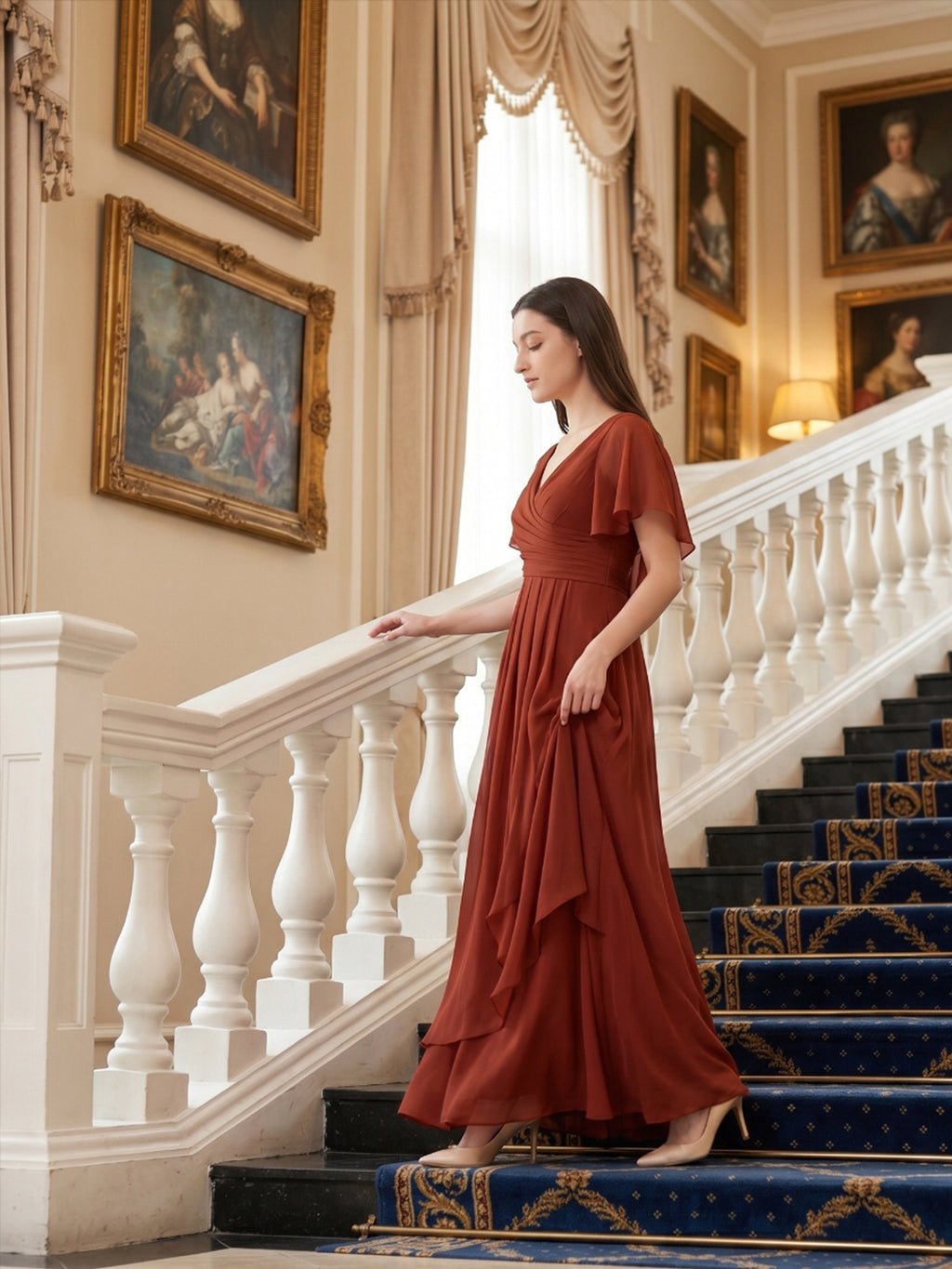 Rust Chiffon A-Line V-Neck Backless Floor-Length Bridesmaid Dress with Ruffle