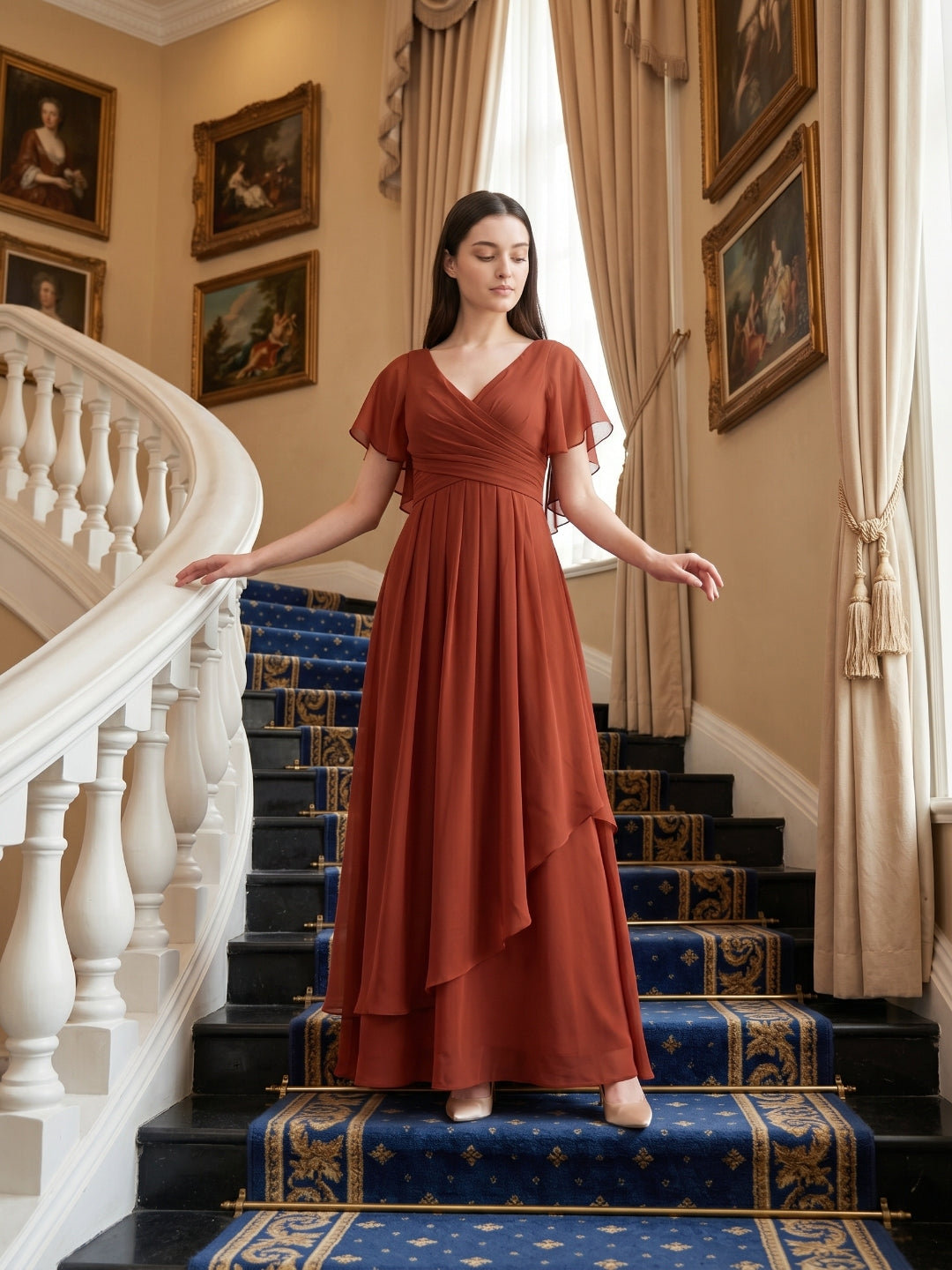 Rust Chiffon A-Line V-Neck Backless Floor-Length Bridesmaid Dress with Ruffle