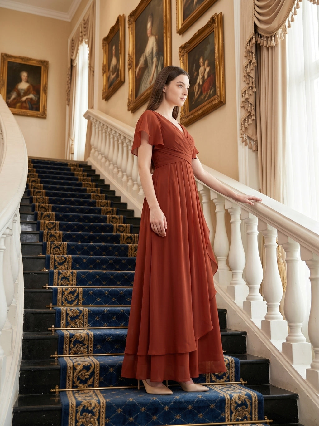 Rust Chiffon A-Line V-Neck Backless Floor-Length Bridesmaid Dress with Ruffle