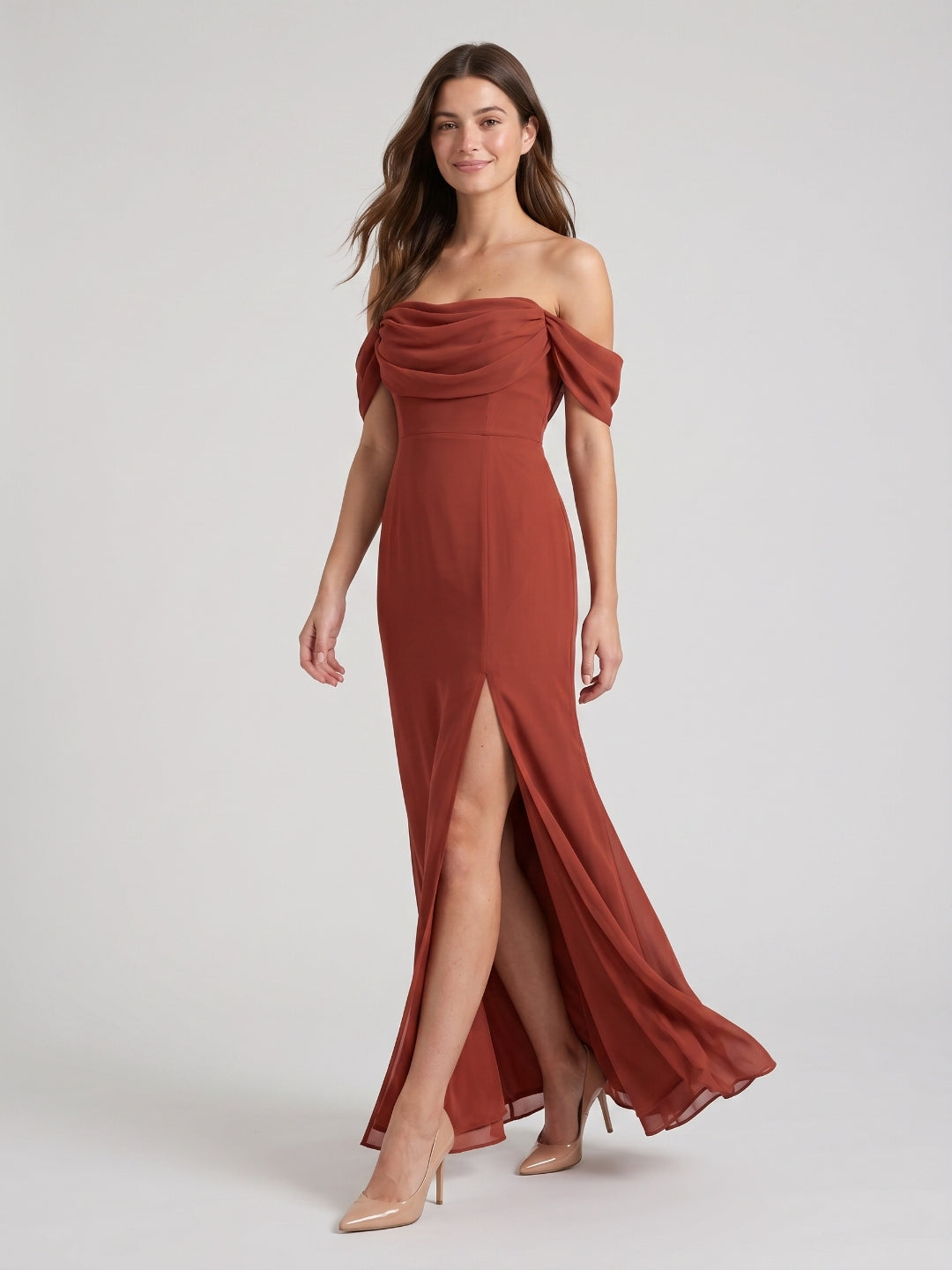 Rust Chiffon Sheath Off-the-Shoulder Backless Floor-Length Bridesmaid Dress with Pleating