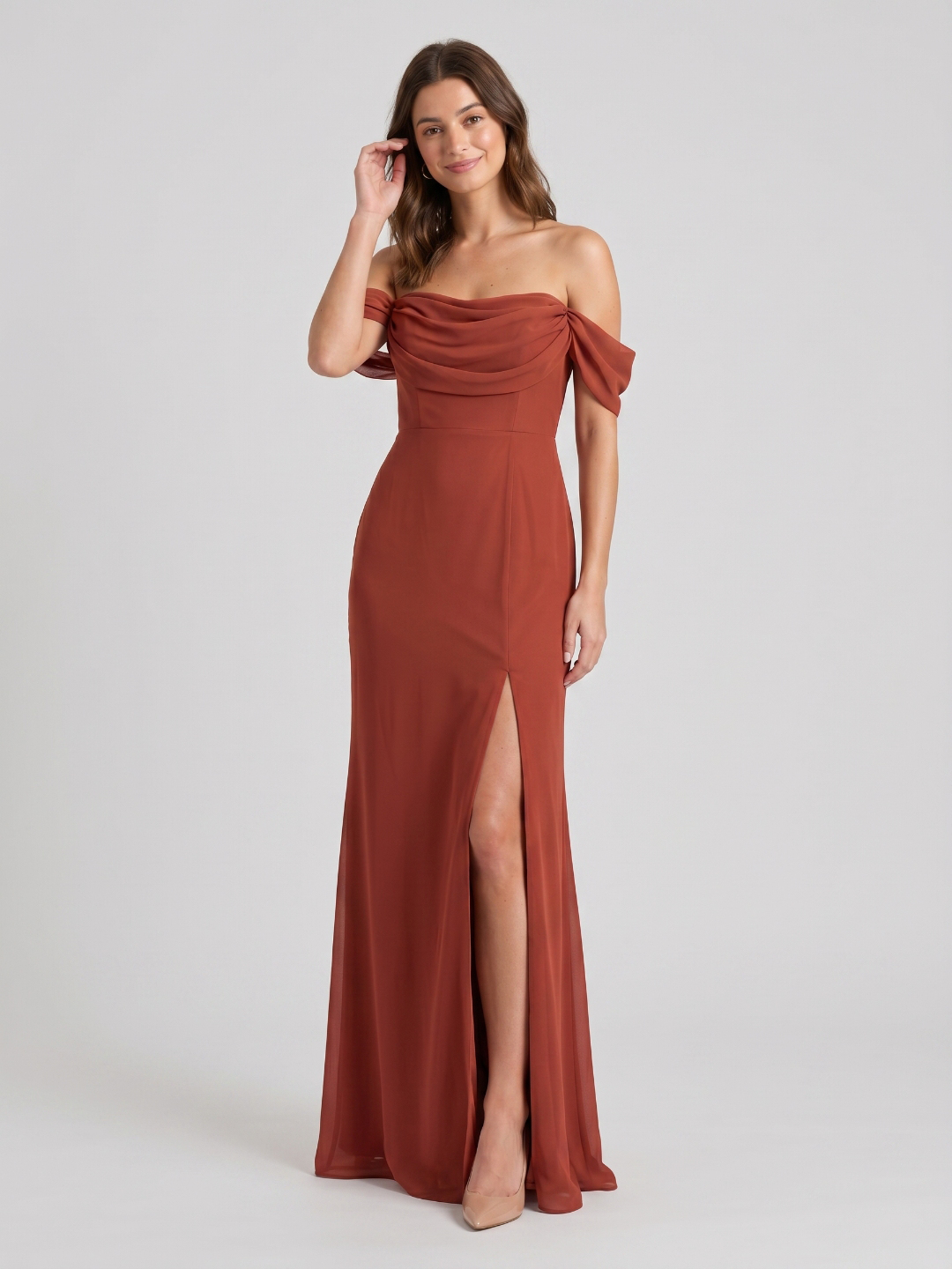 Rust Chiffon Sheath Off-the-Shoulder Backless Floor-Length Bridesmaid Dress with Pleating