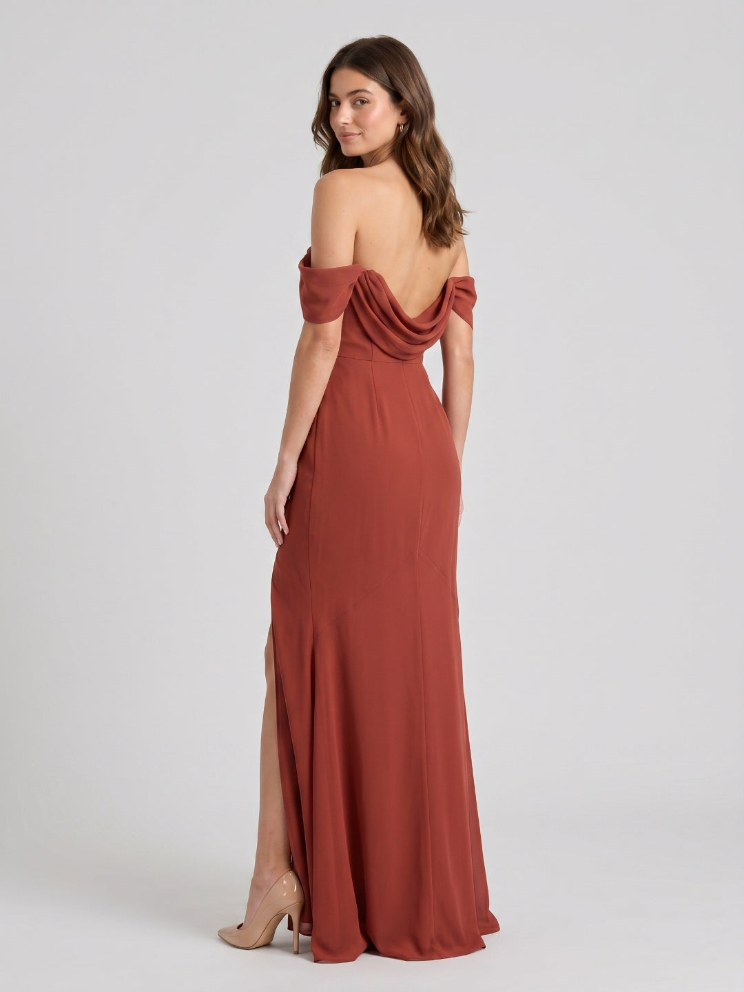 Rust Chiffon Sheath Off-the-Shoulder Backless Floor-Length Bridesmaid Dress with Pleating