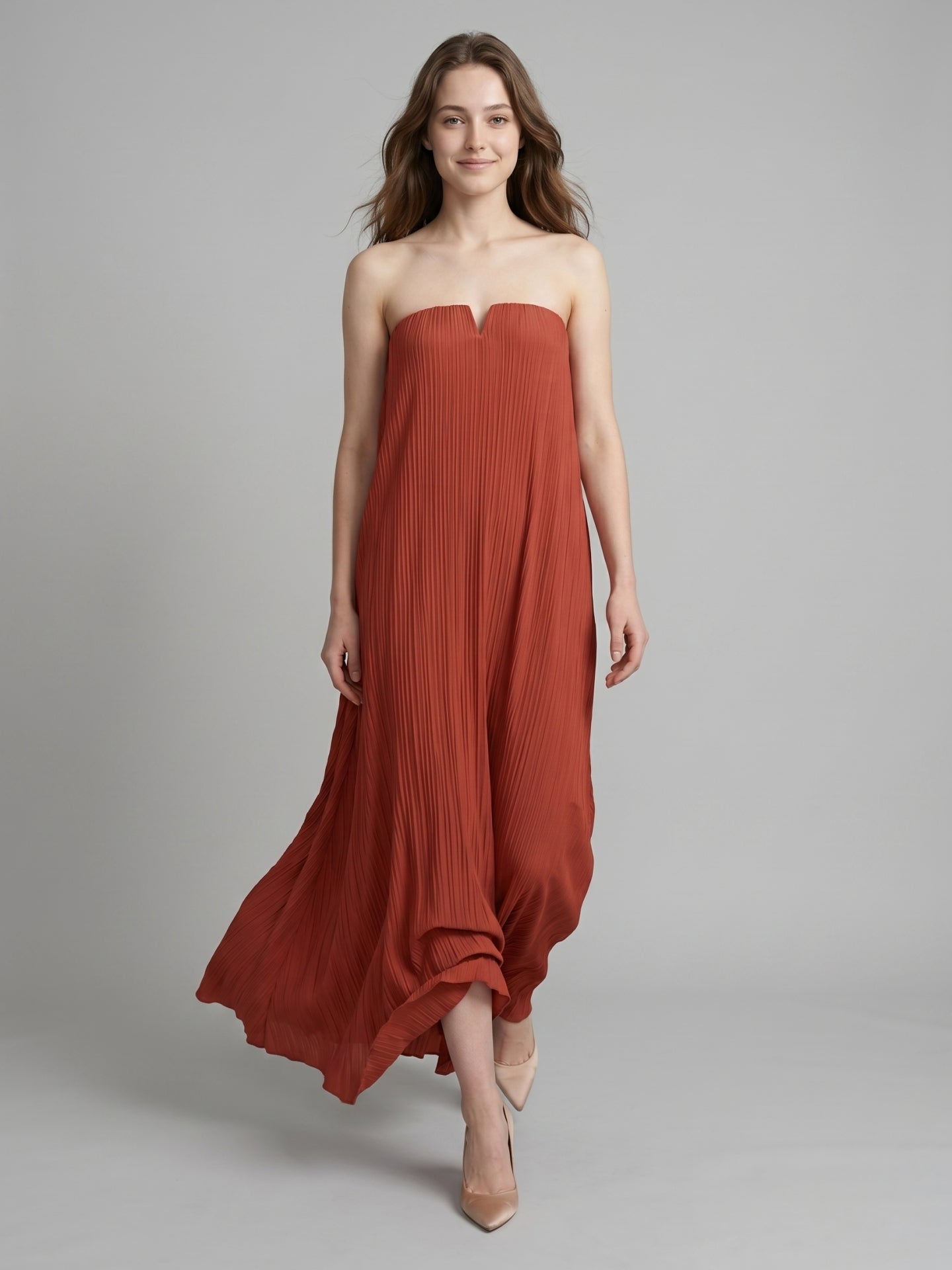 Rust Chiffon column Straight Neck Backless Floor-Length Bridesmaid Dress