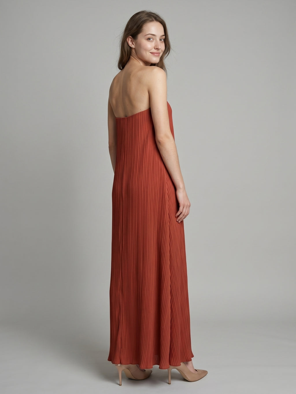 Rust Chiffon column Straight Neck Backless Floor-Length Bridesmaid Dress