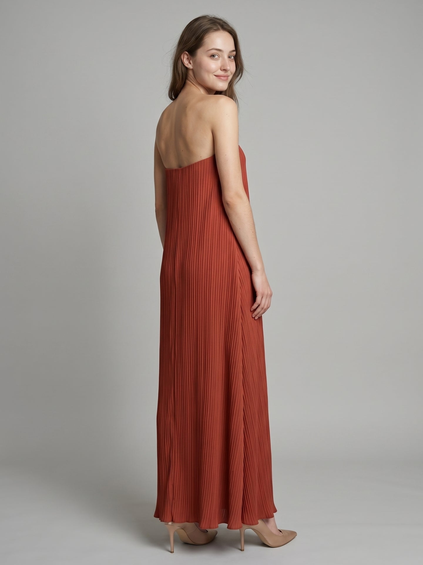Rust Chiffon column Straight Neck Backless Floor-Length Bridesmaid Dress