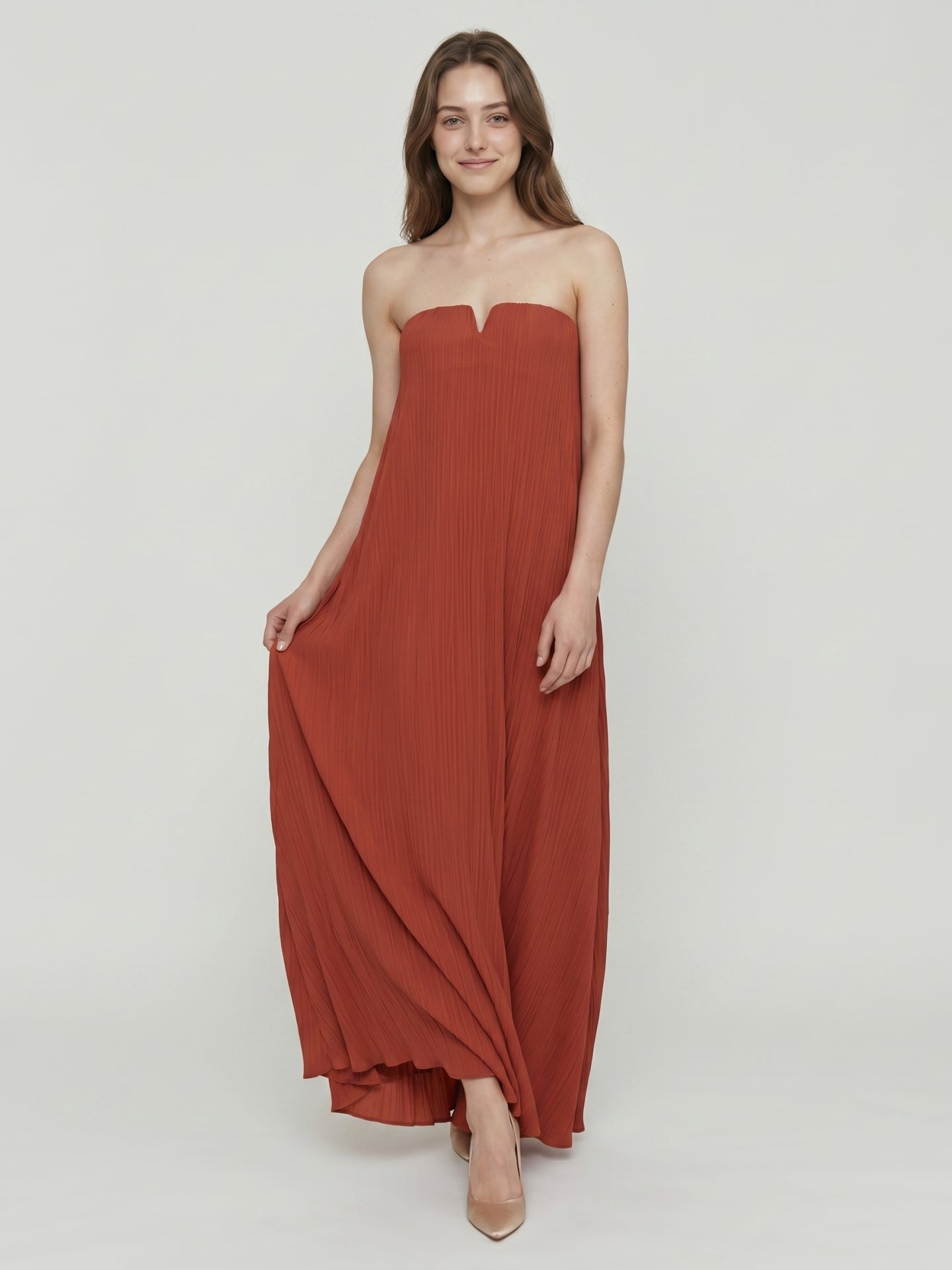 Rust Chiffon column Straight Neck Backless Floor-Length Bridesmaid Dress