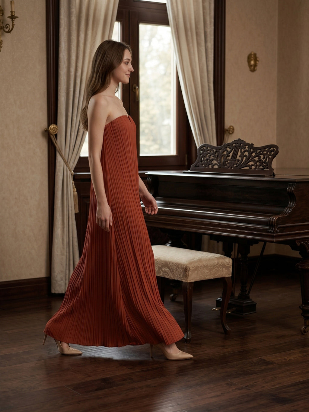 Rust Chiffon column Straight Neck Backless Floor-Length Bridesmaid Dress