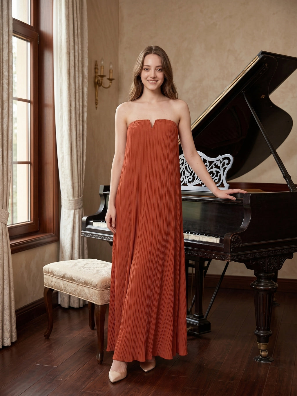 Rust Chiffon column Straight Neck Backless Floor-Length Bridesmaid Dress
