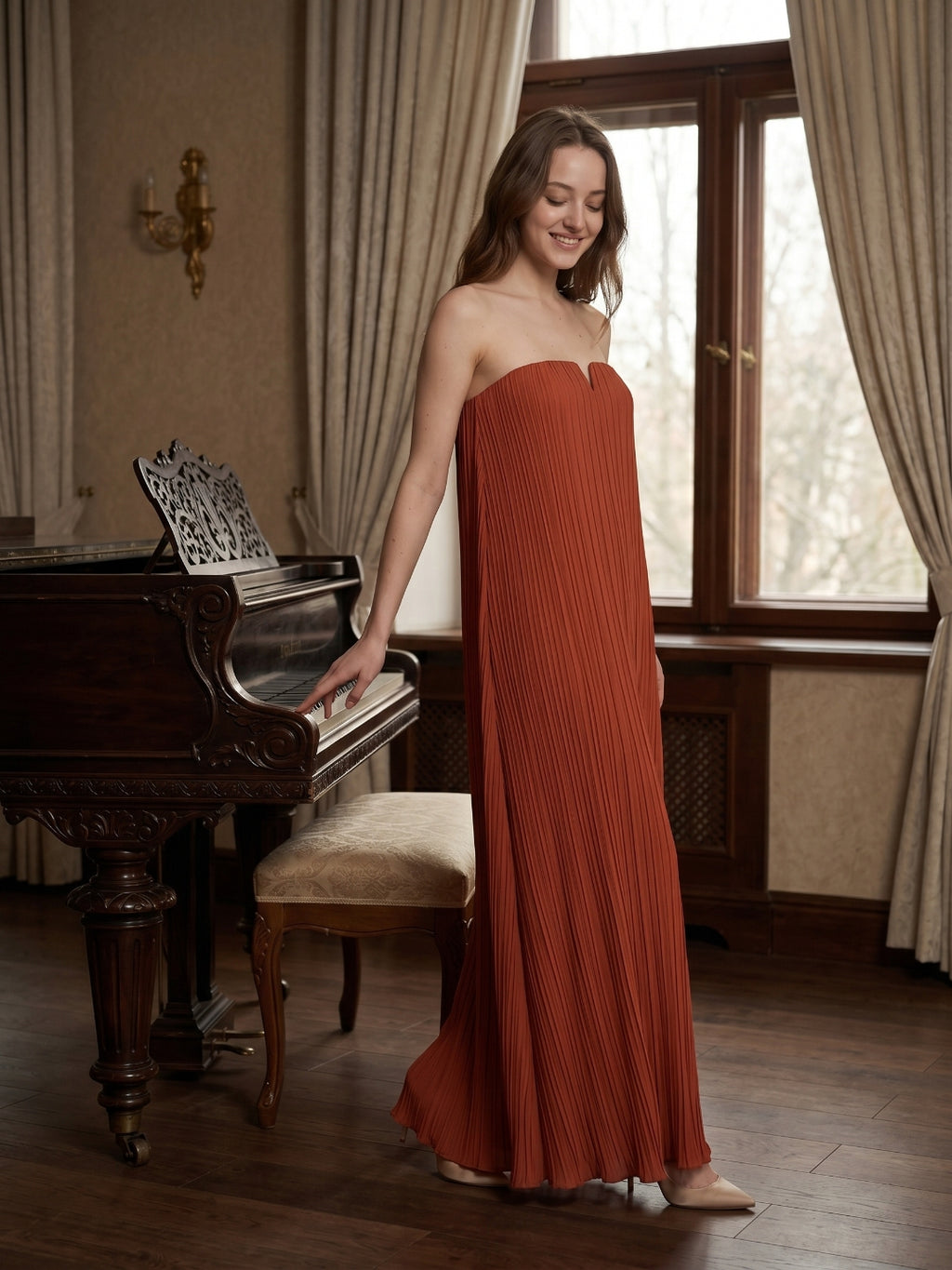 Rust Chiffon column Straight Neck Backless Floor-Length Bridesmaid Dress