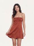 Rust Matte Satin A-Line Square Neck Backless Short Homecoming Dress with Pleats