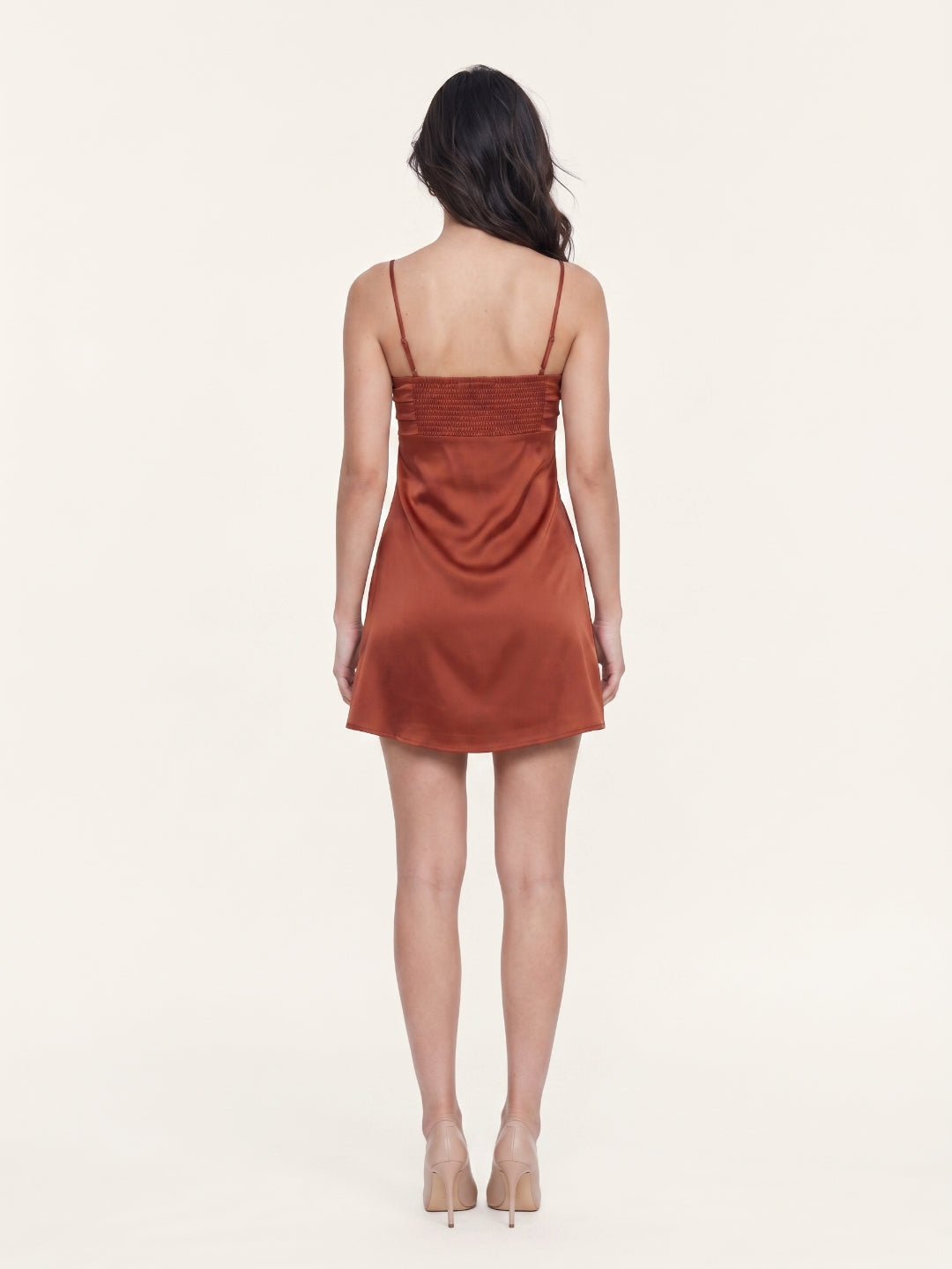 Rust Matte Satin A-Line Square Neck Backless Short Homecoming Dress with Pleats