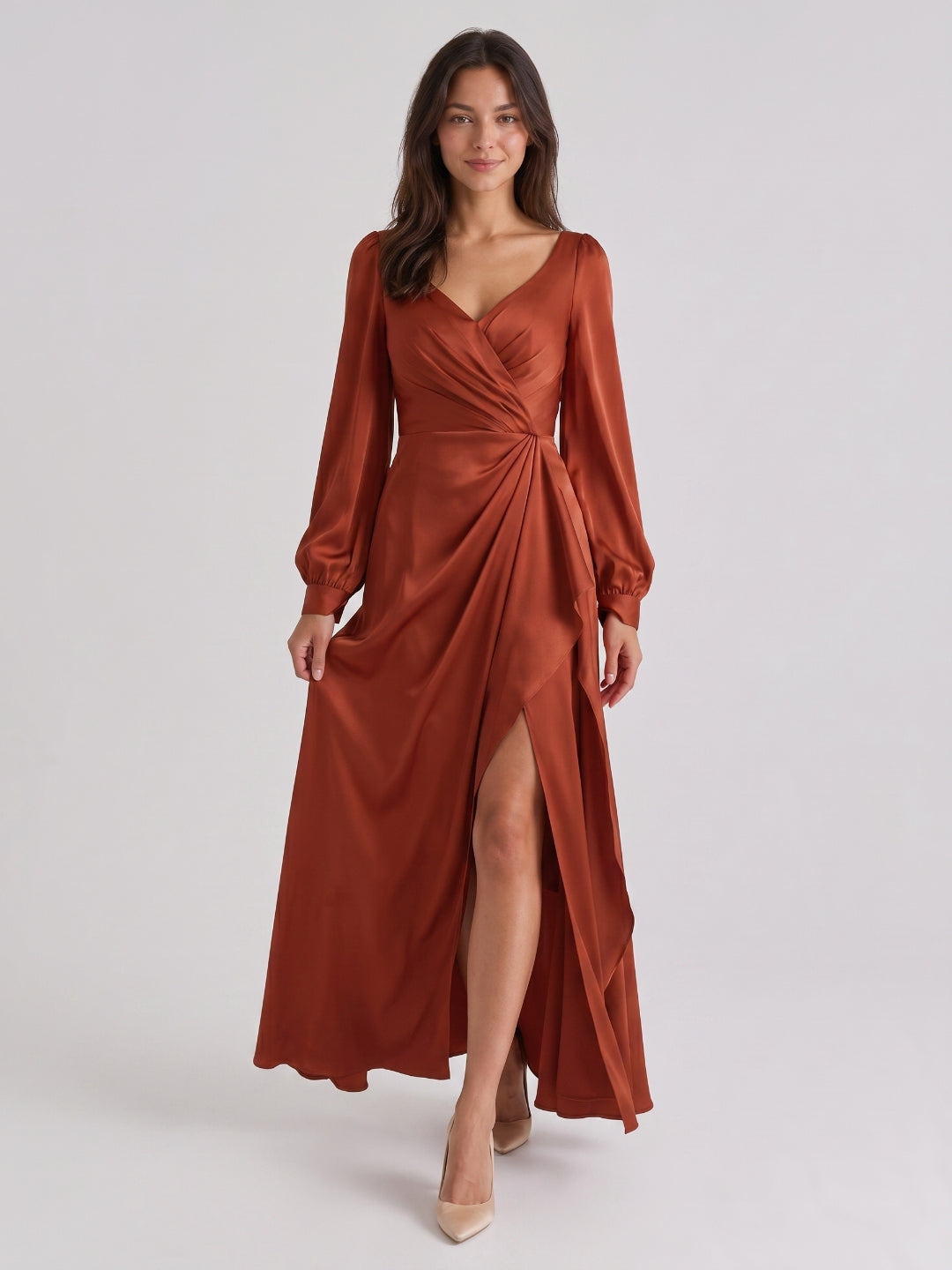 Rust Matte Satin Column V-Neck Back Zip Floor-Length Bridesmaid Dress with Pleats