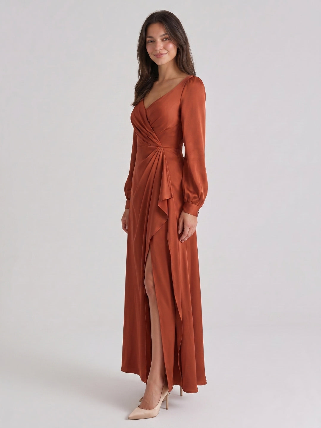 Rust Matte Satin Column V-Neck Back Zip Floor-Length Bridesmaid Dress with Pleats