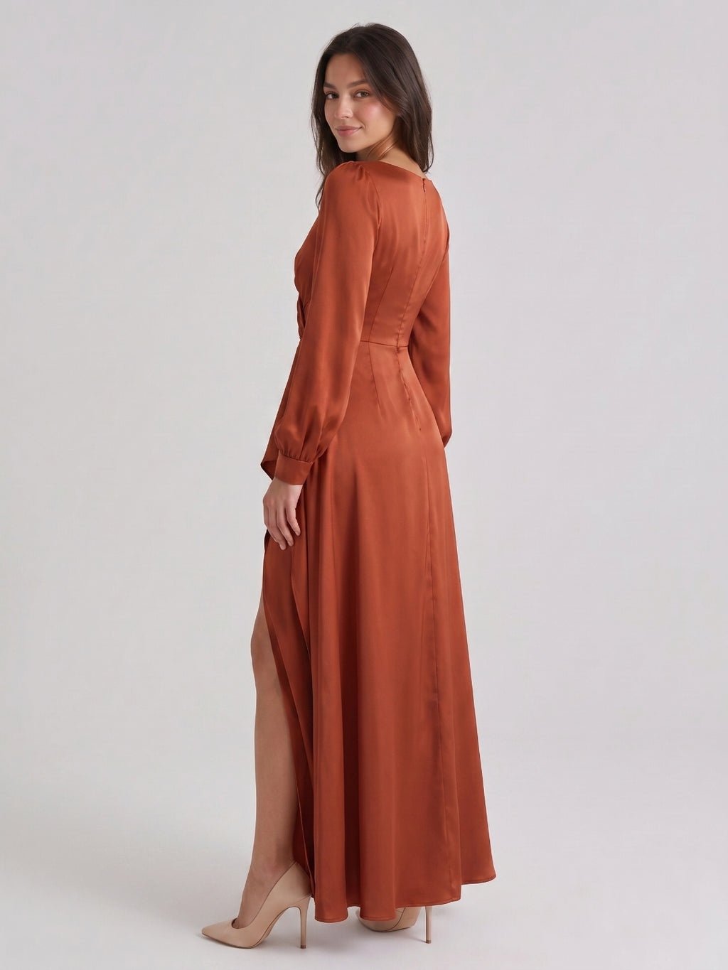 Rust Matte Satin Column V-Neck Back Zip Floor-Length Bridesmaid Dress with Pleats