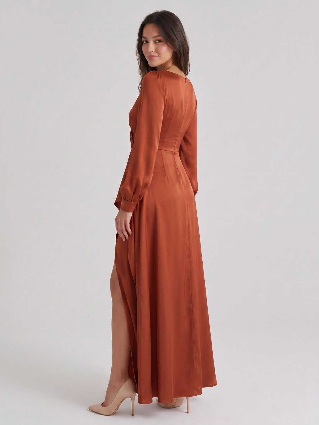Rust Matte Satin Column V-Neck Back Zip Floor-Length Bridesmaid Dress with Pleats