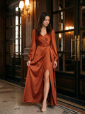 Rust Matte Satin Column V-Neck Back Zip Floor-Length Bridesmaid Dress with Pleats