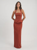 Rust Matte Satin Sheath Straight Neck Back Zip Floor-Length Evening Dress