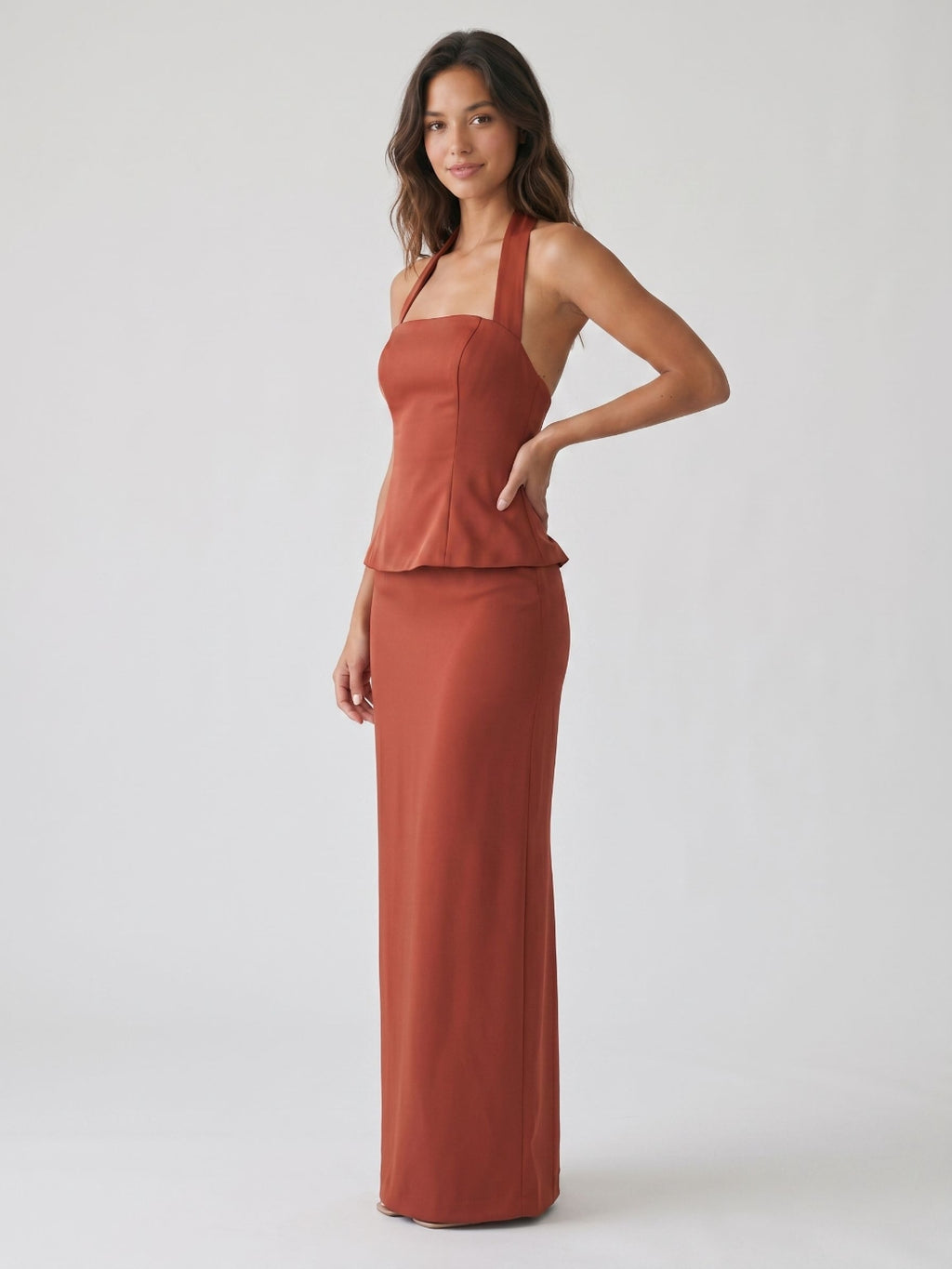 Rust Matte Satin Sheath Straight Neck Back Zip Floor-Length Evening Dress