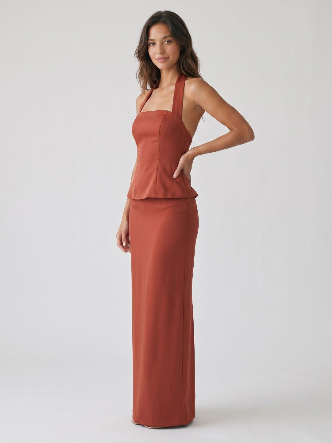 Rust Matte Satin Sheath Straight Neck Back Zip Floor-Length Evening Dress