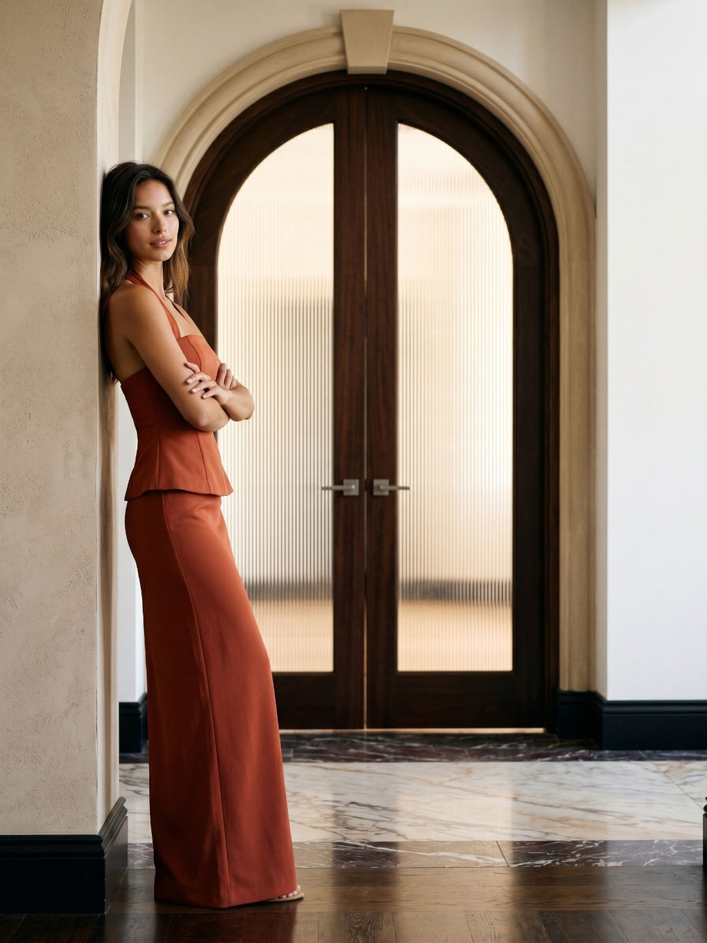 Rust Matte Satin Sheath Straight Neck Back Zip Floor-Length Evening Dress