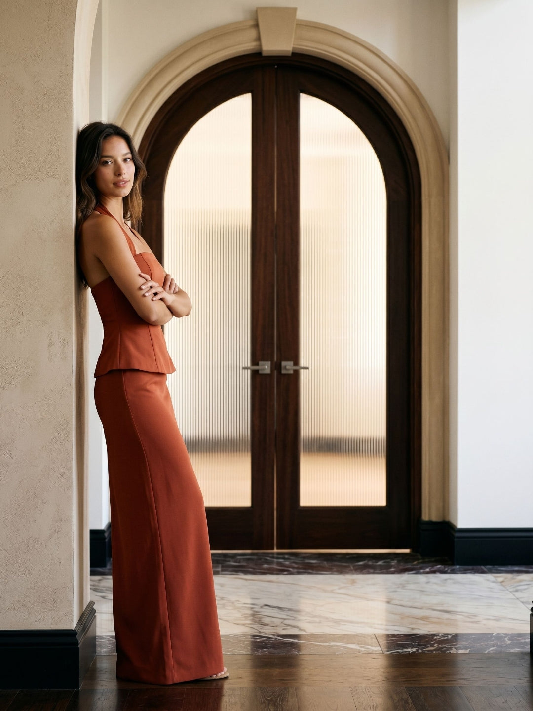 Rust Matte Satin Sheath Straight Neck Back Zip Floor-Length Evening Dress