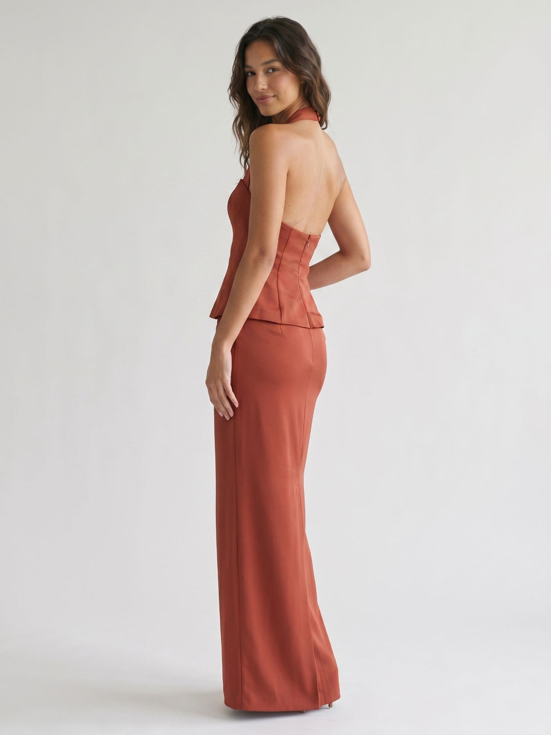 Rust Matte Satin Sheath Straight Neck Back Zip Floor-Length Evening Dress