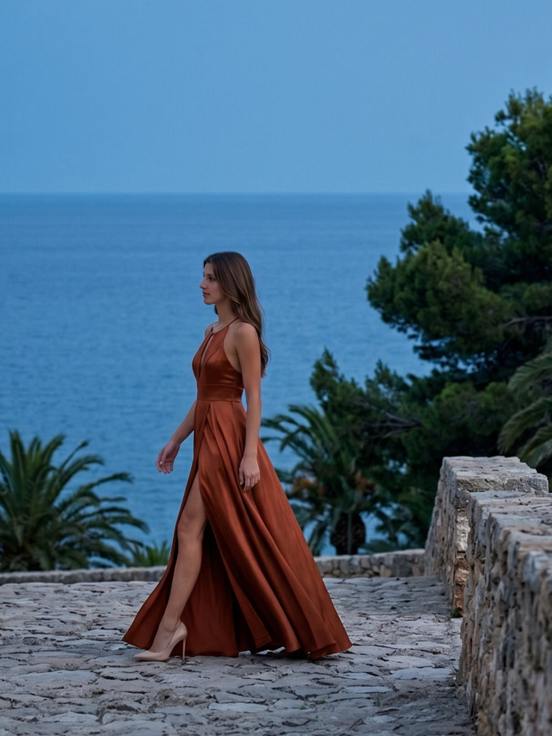 Rust Satin A-Line Halter Backless Floor-Length Bridesmaid Dress with Pleated Details