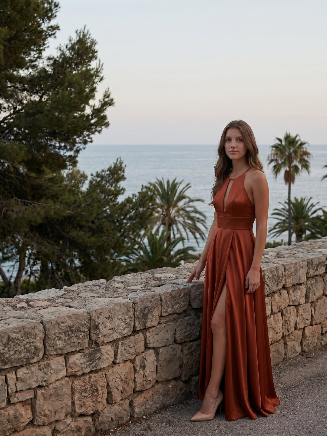 Rust Satin A-Line Halter Backless Floor-Length Bridesmaid Dress with Pleated Details
