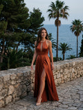 Rust Satin A-Line Halter Backless Floor-Length Bridesmaid Dress with Pleated Details