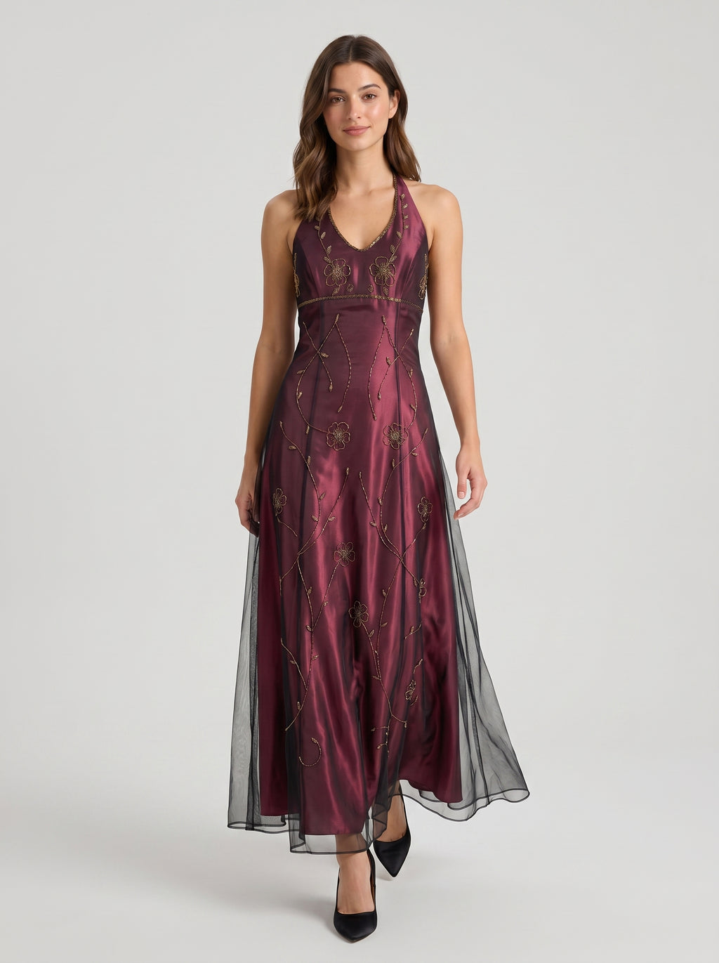 Rust Satin A-Line Halter Backless Floor-Length Prom Dress