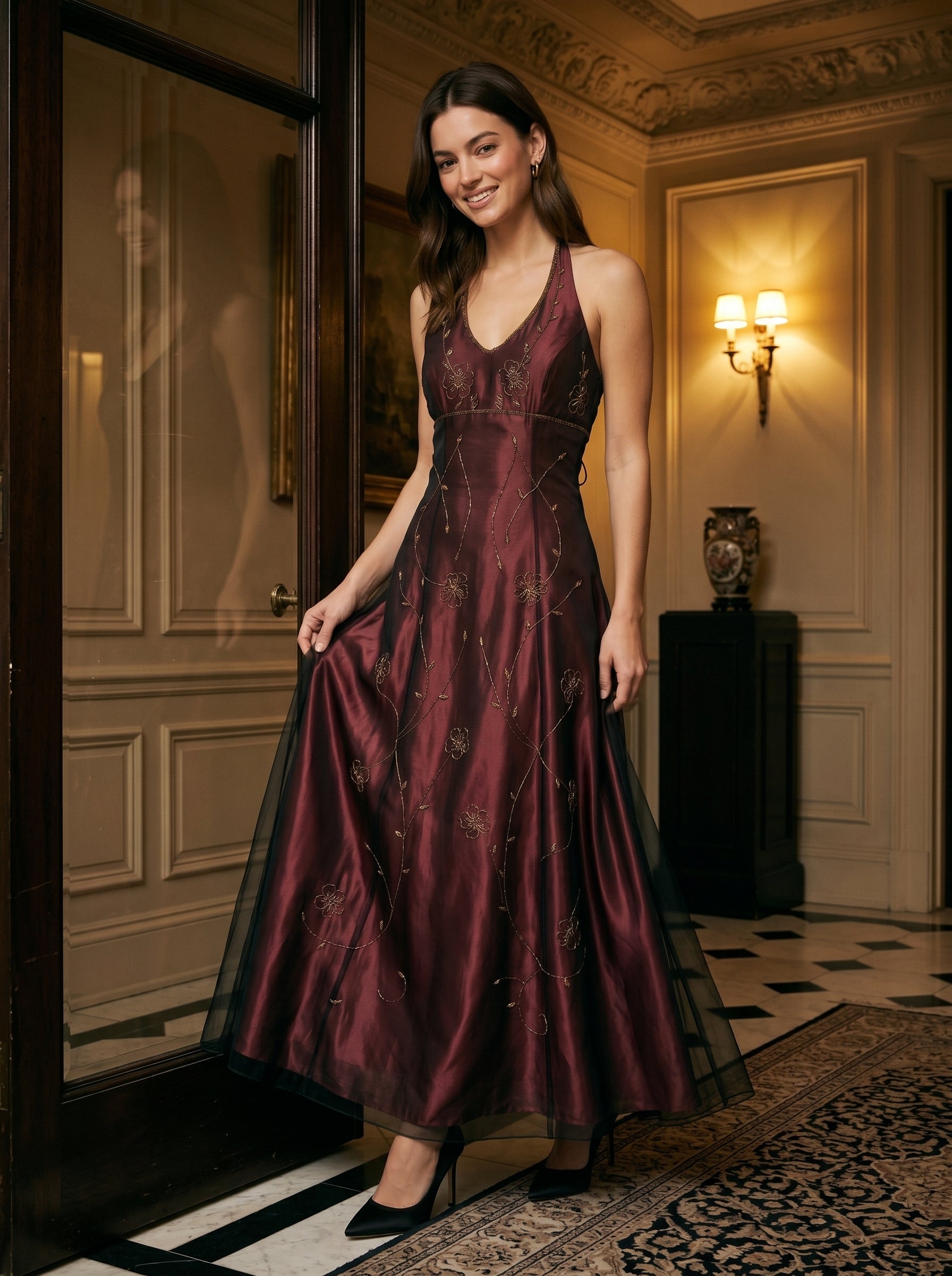 Rust Satin A-Line Halter Backless Floor-Length Prom Dress