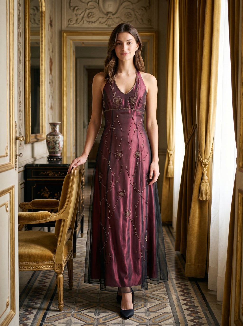Rust Satin A-Line Halter Backless Floor-Length Prom Dress