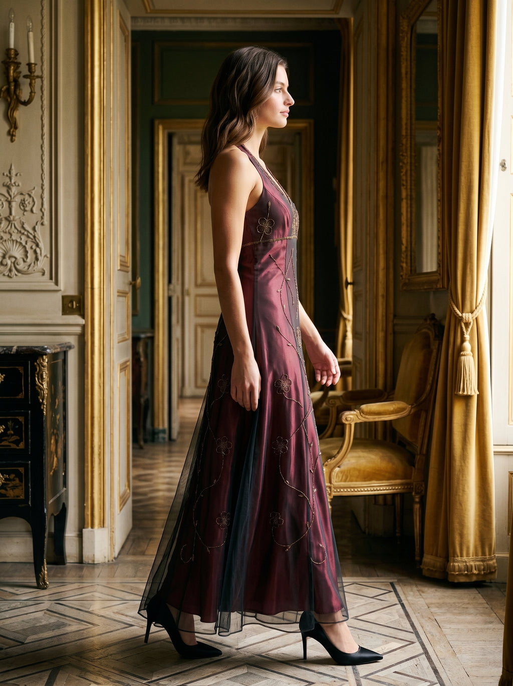 Rust Satin A-Line Halter Backless Floor-Length Prom Dress