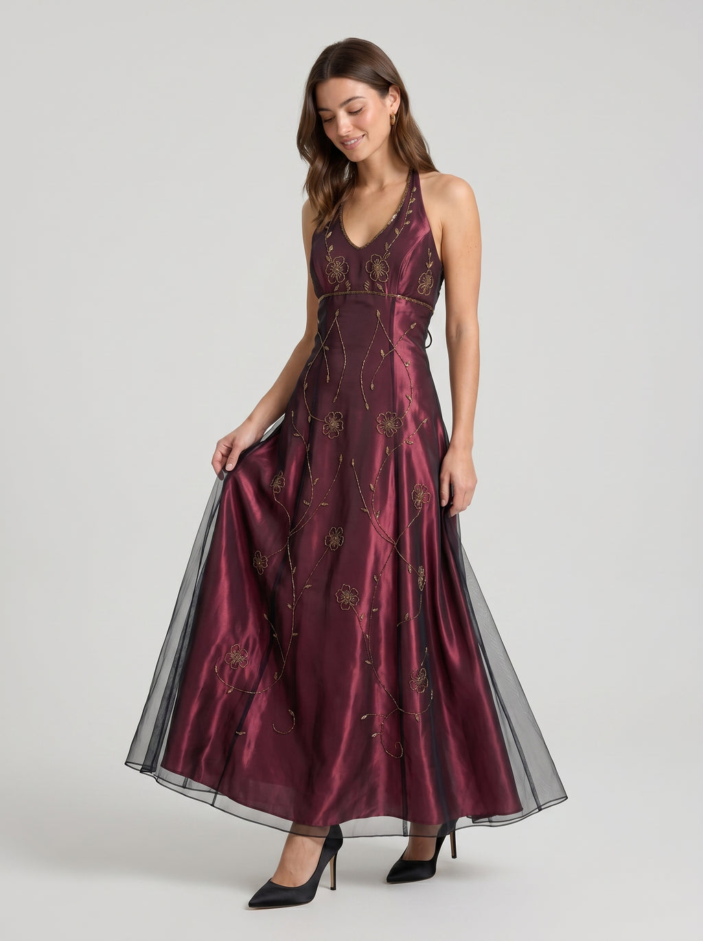 Rust Satin A-Line Halter Backless Floor-Length Prom Dress