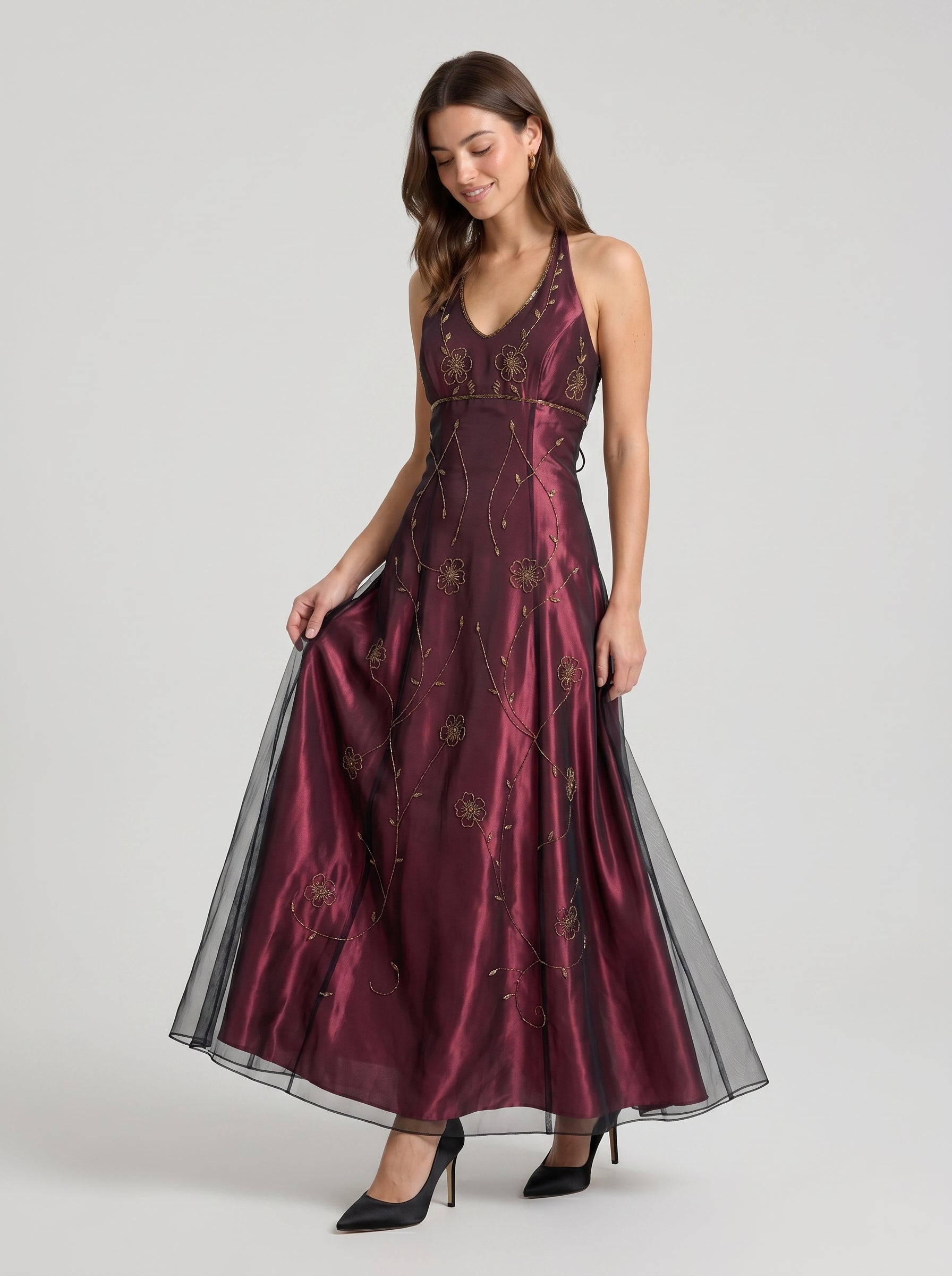 Rust Satin A-Line Halter Backless Floor-Length Prom Dress