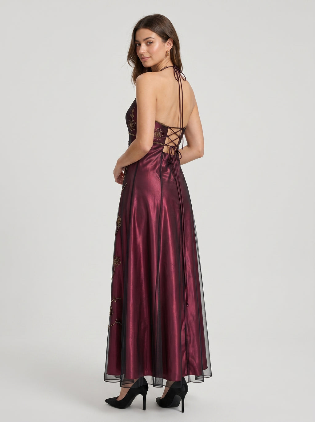 Rust Satin A-Line Halter Backless Floor-Length Prom Dress