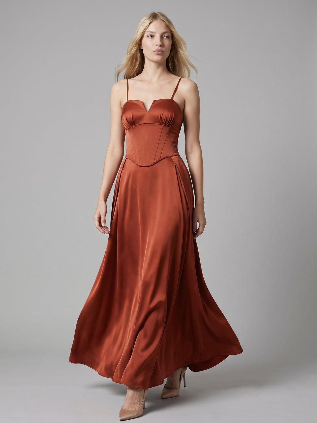 Rust Satin A-Line Straight Neck Backless Floor-Length Bridesmaid Dress with Bow
