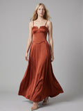 Rust Satin A-Line Straight Neck Backless Floor-Length Bridesmaid Dress with Bow